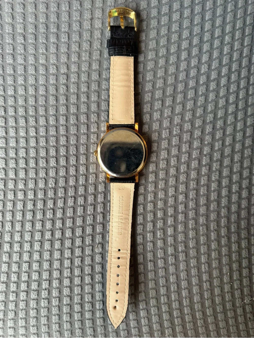Vintage Disney Mickey Donald Daisy Watch Gold Tone Black Genuine Leather Band